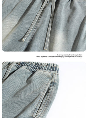 Liber Spring Men's Embroidered Hem Slit Denim Shorts