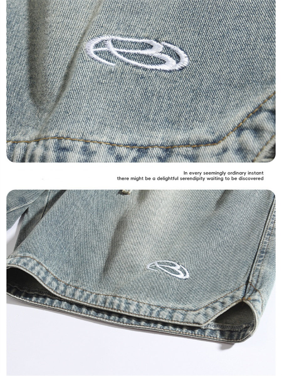 Liber Spring Men's Embroidered Hem Slit Denim Shorts