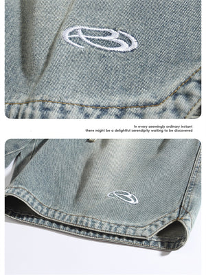 Liber Spring Men's Embroidered Hem Slit Denim Shorts