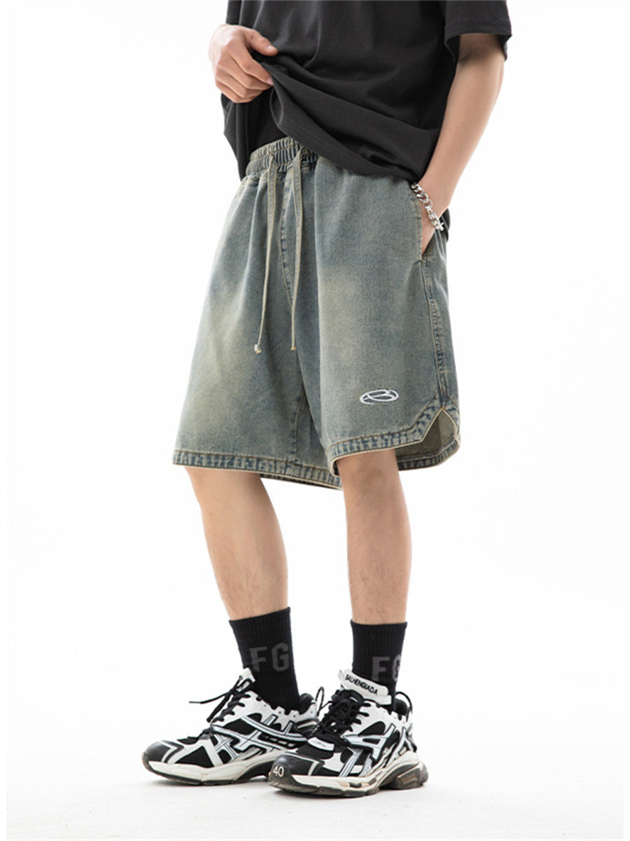 Liber Spring Men's Embroidered Hem Slit Denim Shorts