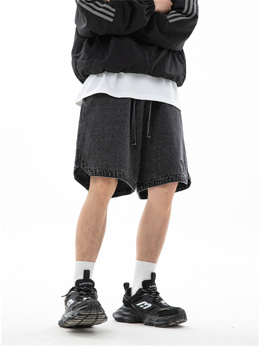 Liber Spring Men's Embroidered Hem Slit Denim Shorts