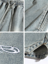 Liber Spring Men's Embroidered Hem Slit Denim Shorts