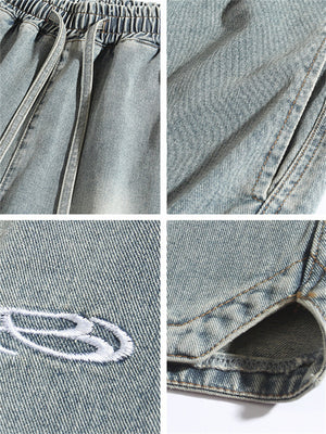 Liber Spring Men's Embroidered Hem Slit Denim Shorts