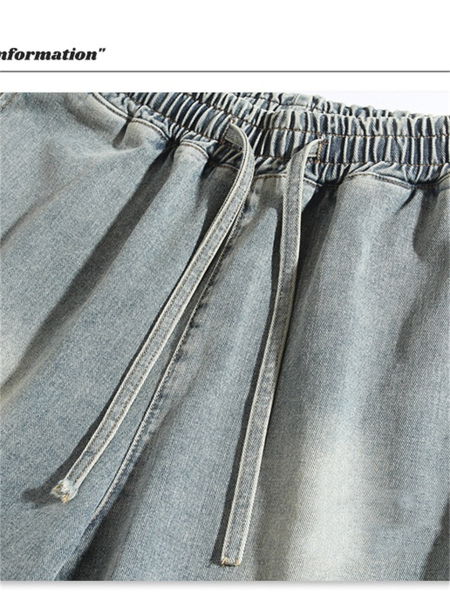 Liber Spring Men's Embroidered Hem Slit Denim Shorts