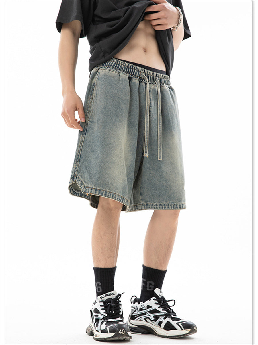 Liber Spring Men's Embroidered Hem Slit Denim Shorts