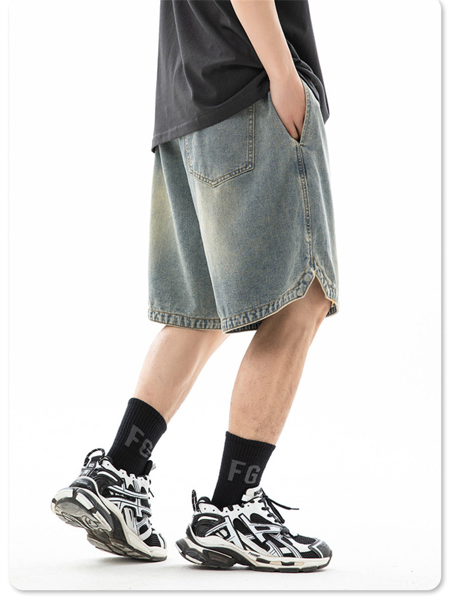 Liber Spring Men's Embroidered Hem Slit Denim Shorts