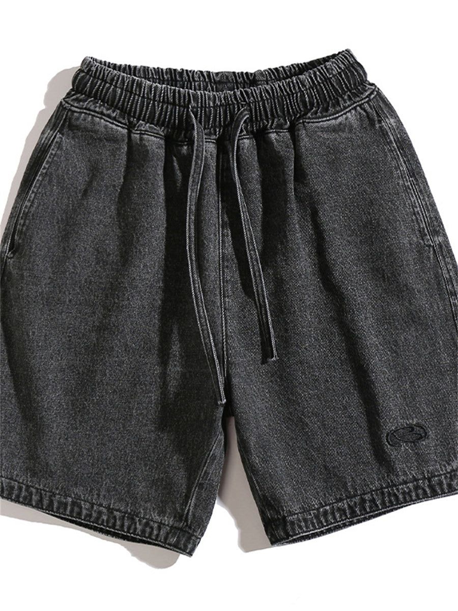 Liber Spring Men's Embroidered Hem Slit Denim Shorts