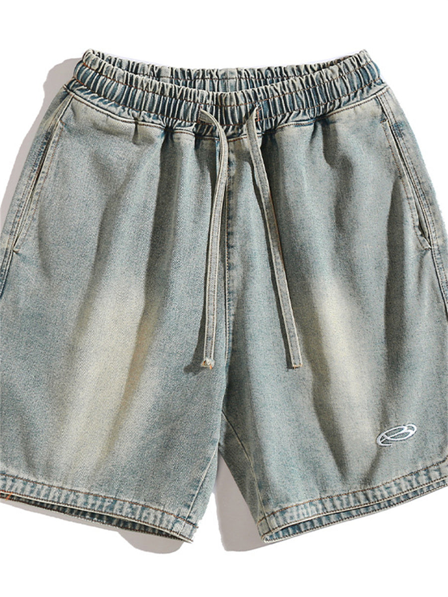 Liber Spring Men's Embroidered Hem Slit Denim Shorts