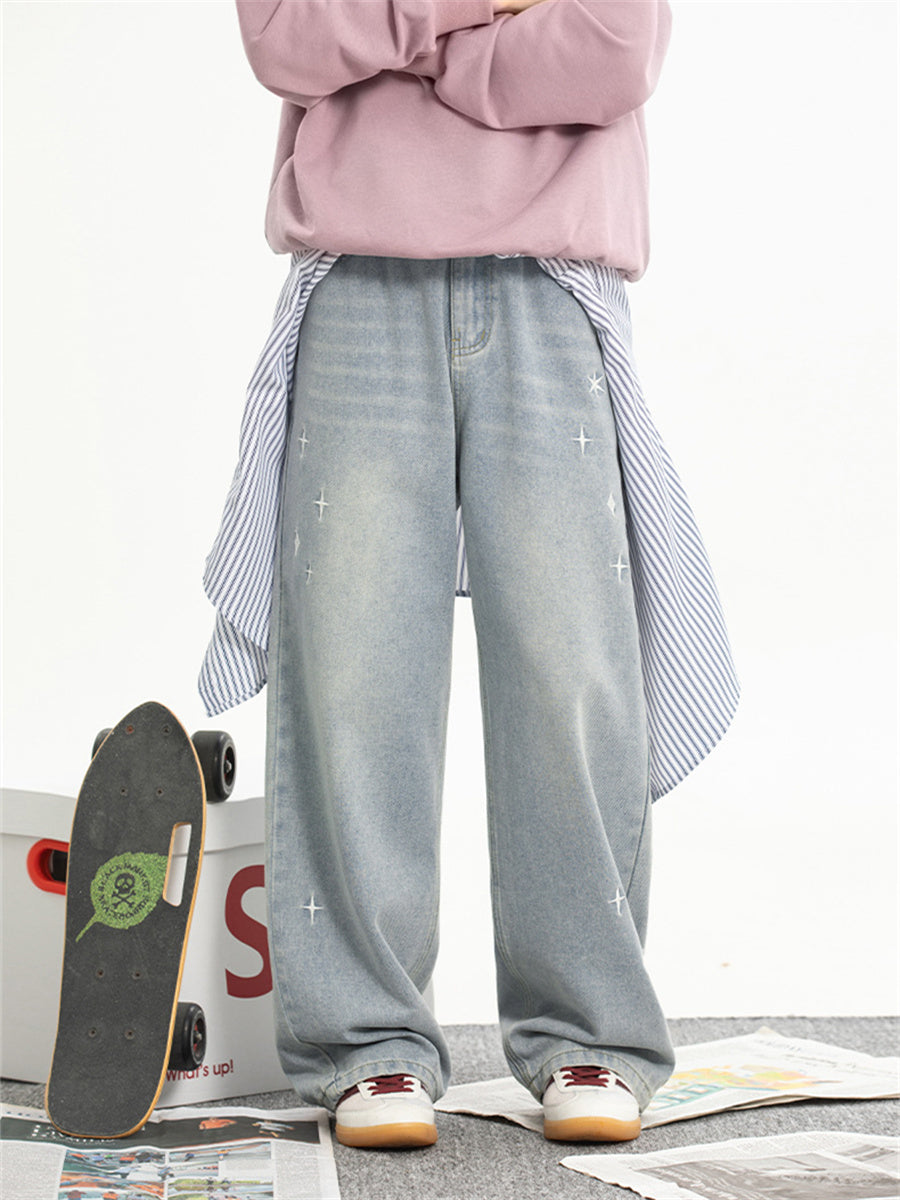 Liber SS men's embroidered distressed washed Japanese style semi-elastic waist trousers