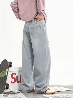 Liber SS men's embroidered distressed washed Japanese style semi-elastic waist trousers