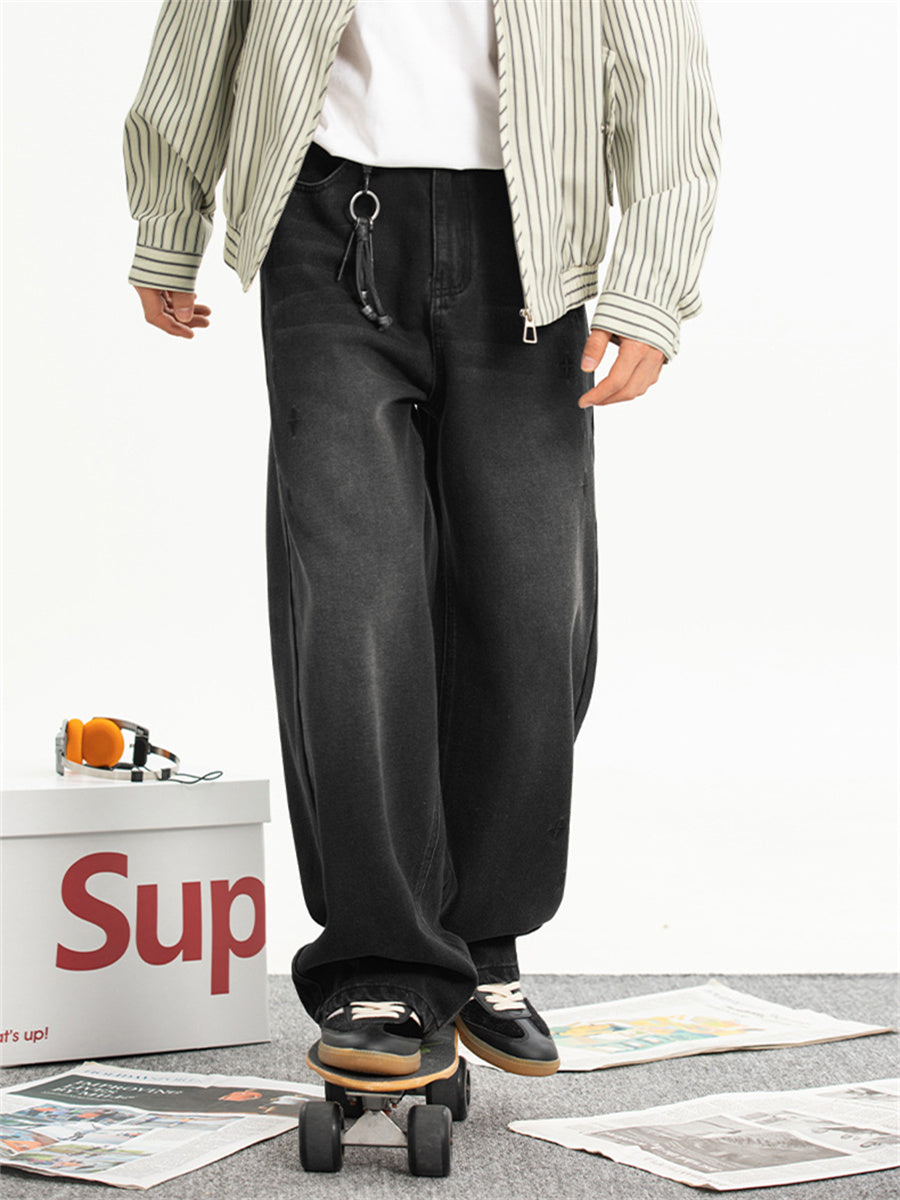 Liber SS men's embroidered distressed washed Japanese style semi-elastic waist trousers