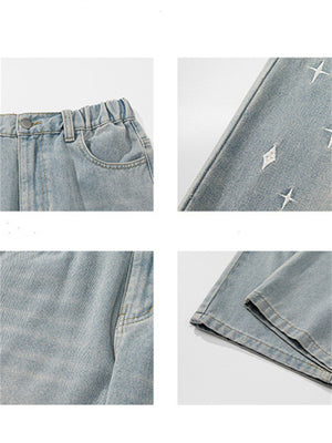 Liber SS men's embroidered distressed washed Japanese style semi-elastic waist trousers