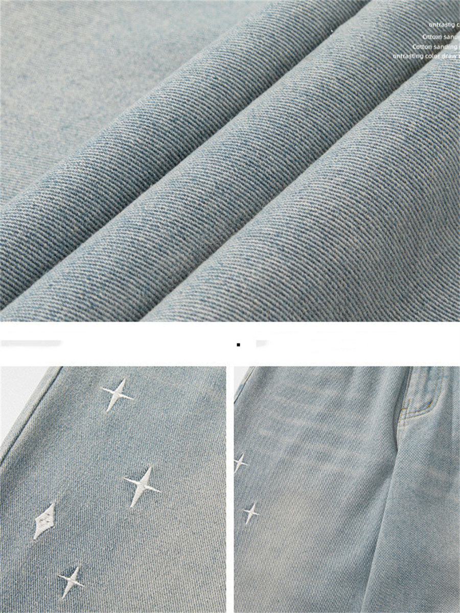 Liber SS men's embroidered distressed washed Japanese style semi-elastic waist trousers