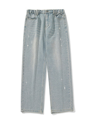 Liber SS men's embroidered distressed washed Japanese style semi-elastic waist trousers