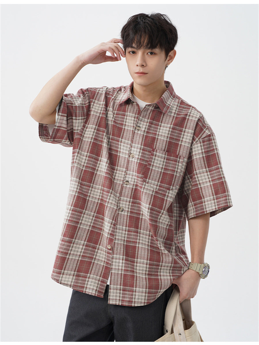 Liber SS Men's American Retro Contrast Plaid Smock Shirt
