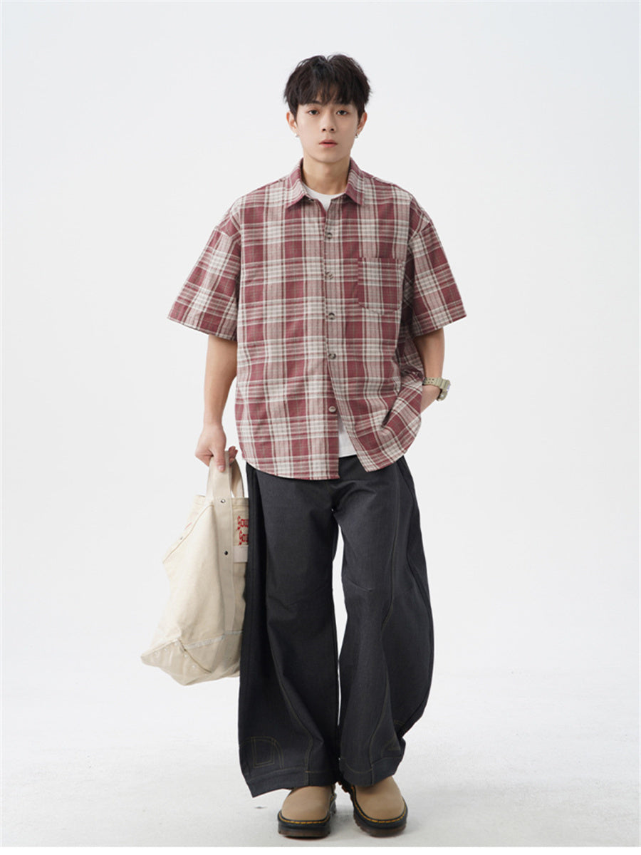 Liber SS Men's American Retro Contrast Plaid Smock Shirt