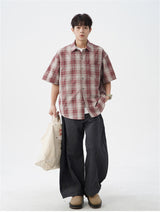 Liber SS Men's American Retro Contrast Plaid Smock Shirt
