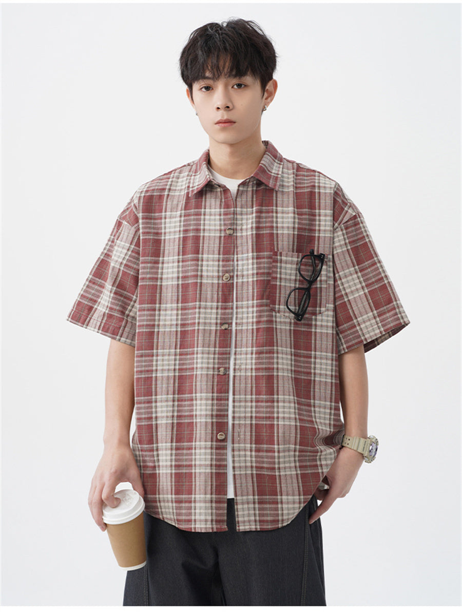 Liber SS Men's American Retro Contrast Plaid Smock Shirt