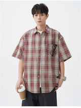 Liber SS Men's American Retro Contrast Plaid Smock Shirt