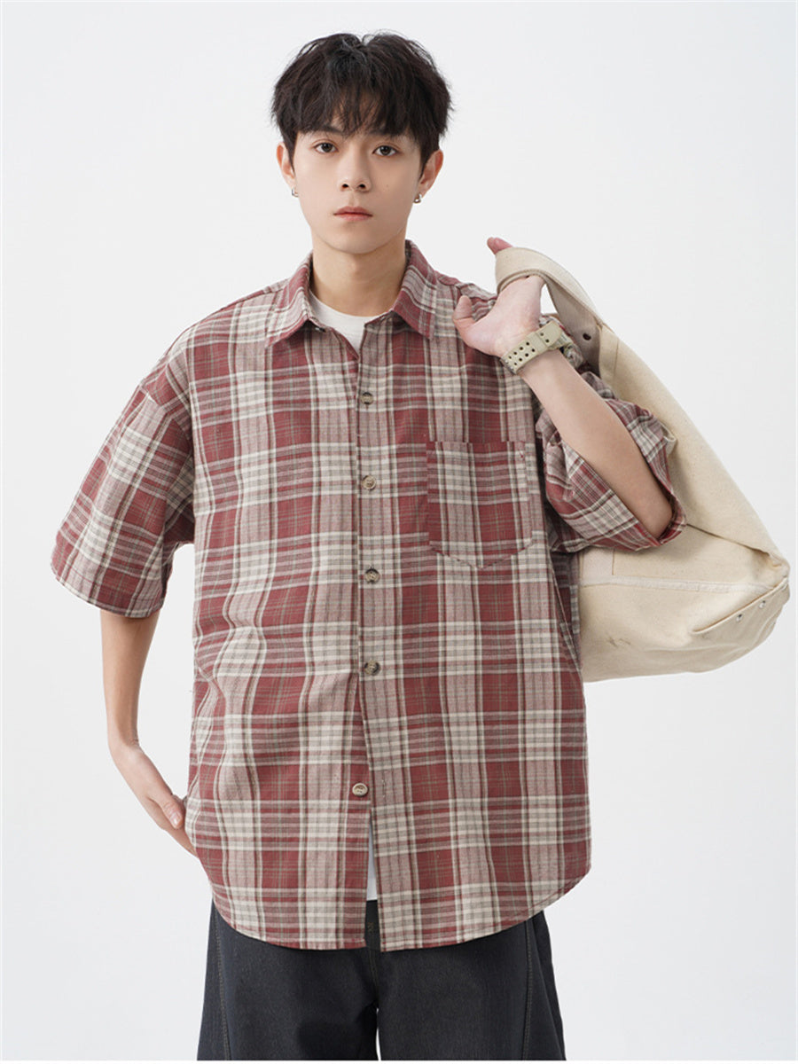 Liber SS Men's American Retro Contrast Plaid Smock Shirt