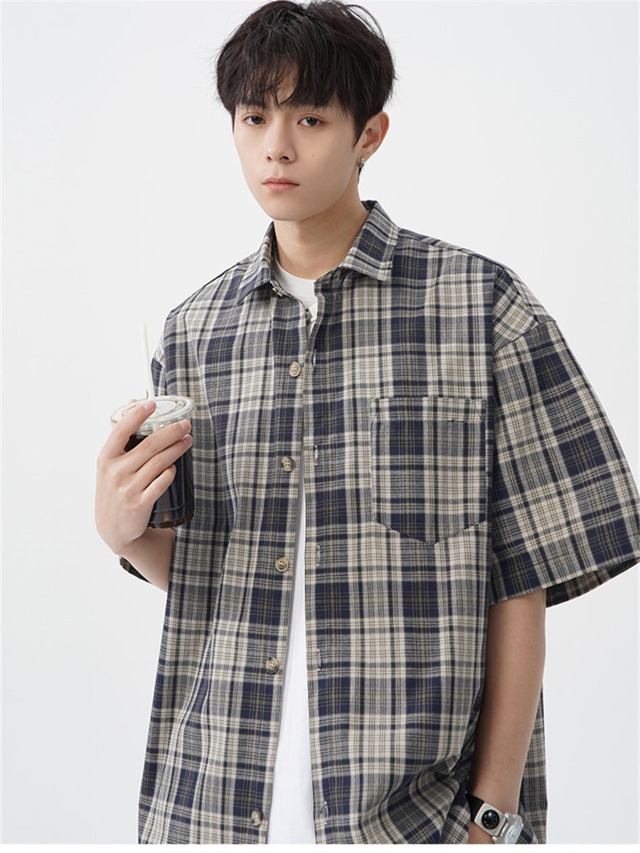 Liber SS Men's American Retro Contrast Plaid Smock Shirt