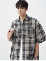 Liber SS Men's American Retro Contrast Plaid Smock Shirt