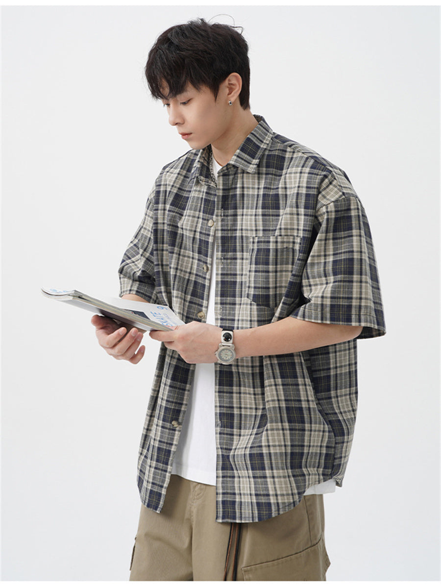 Liber SS Men's American Retro Contrast Plaid Smock Shirt