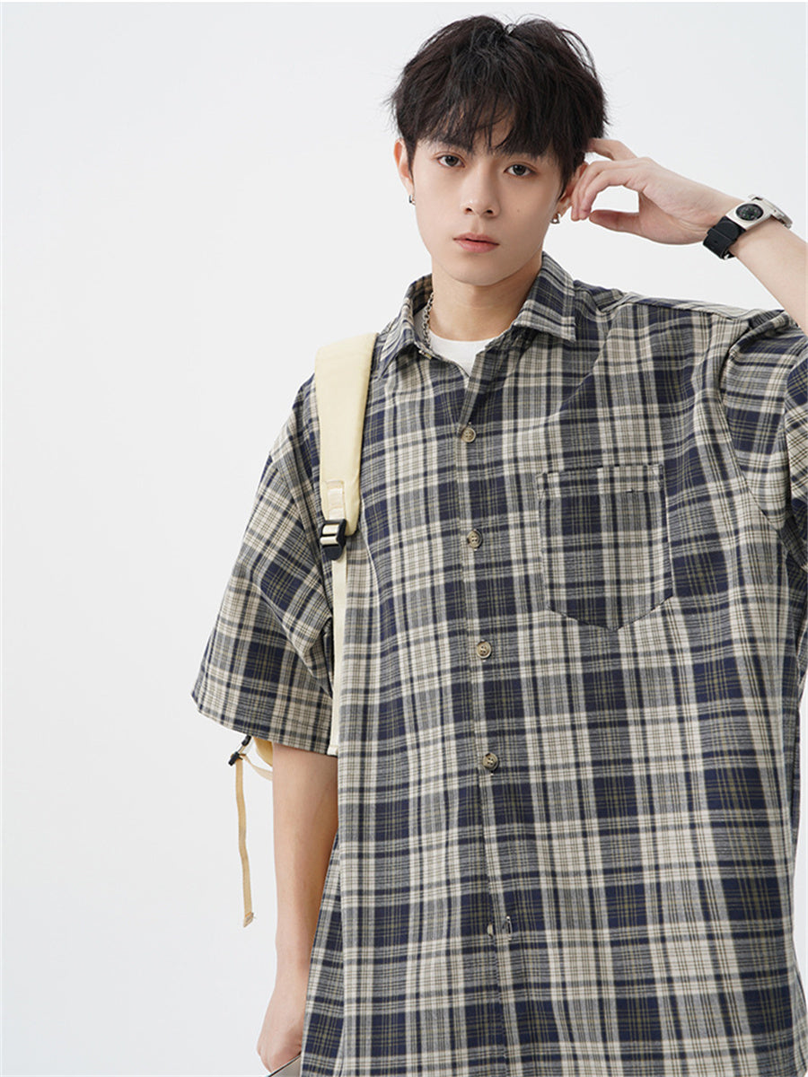 Liber SS Men's American Retro Contrast Plaid Smock Shirt