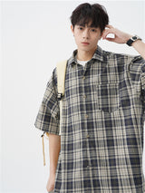 Liber SS Men's American Retro Contrast Plaid Smock Shirt