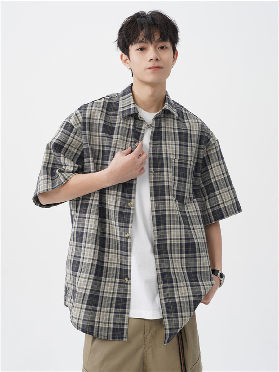 Liber SS Men's American Retro Contrast Plaid Smock Shirt