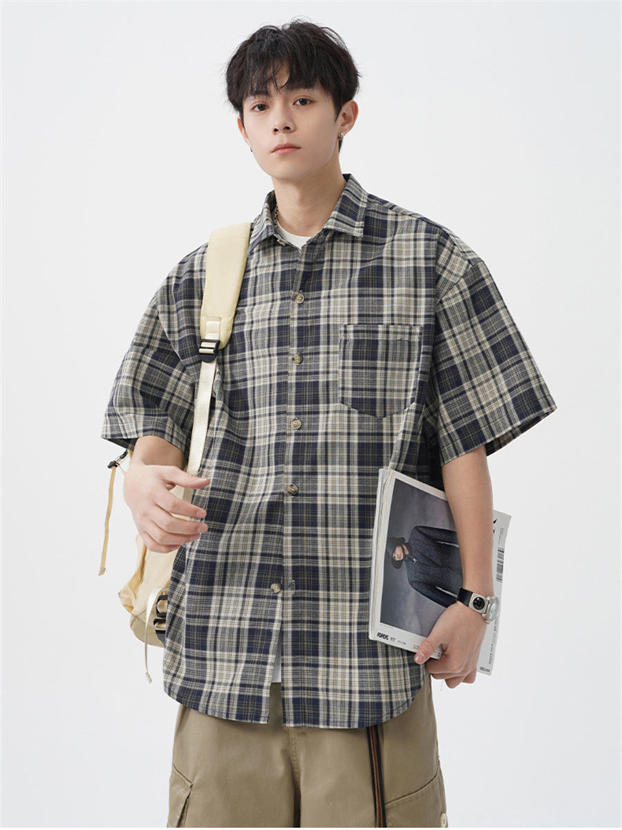 Liber SS Men's American Retro Contrast Plaid Smock Shirt