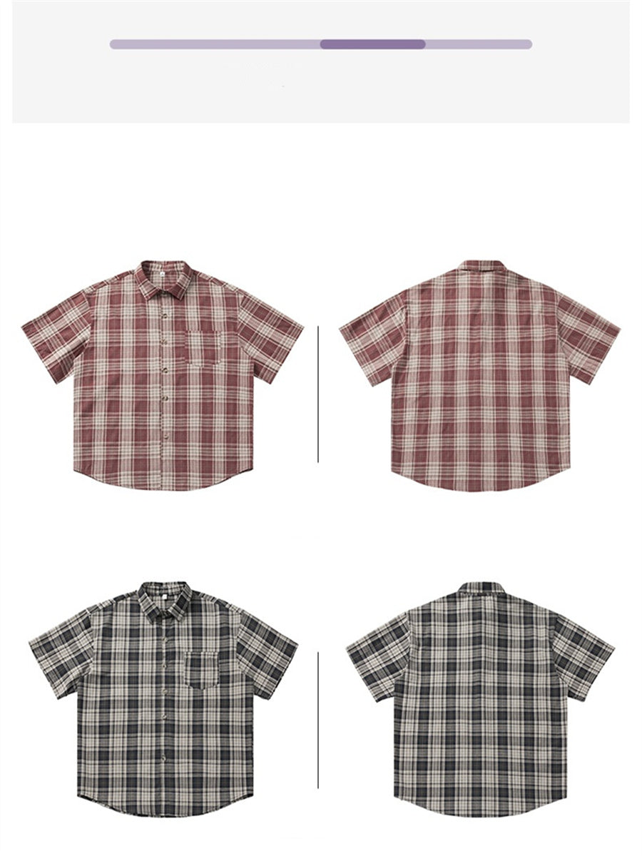 Liber SS Men's American Retro Contrast Plaid Smock Shirt