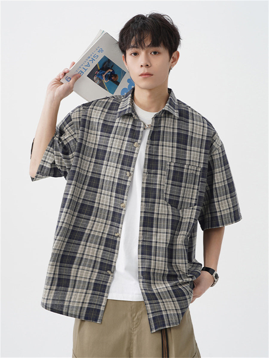 Liber SS Men's American Retro Contrast Plaid Smock Shirt