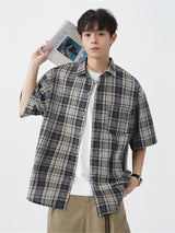 Liber SS Men's American Retro Contrast Plaid Smock Shirt
