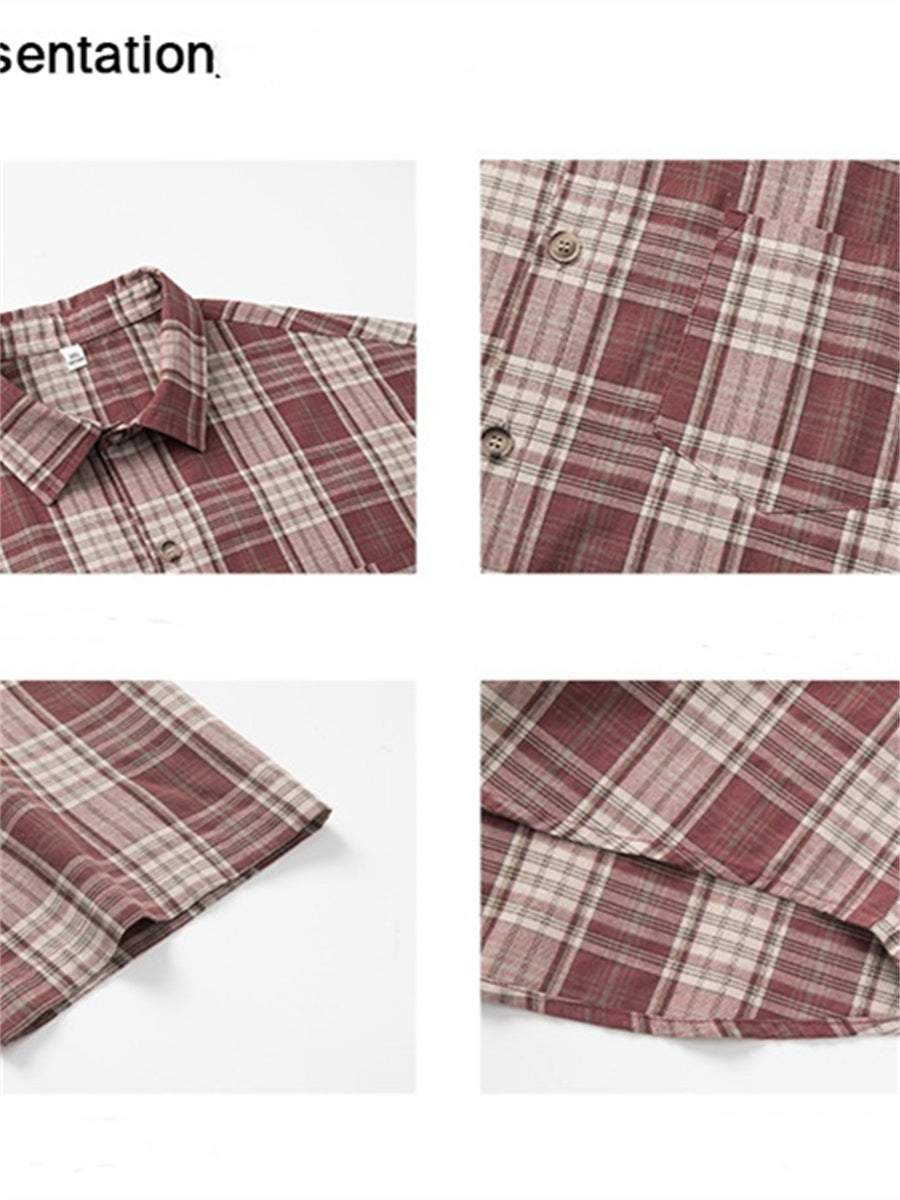 Liber SS Men's American Retro Contrast Plaid Smock Shirt