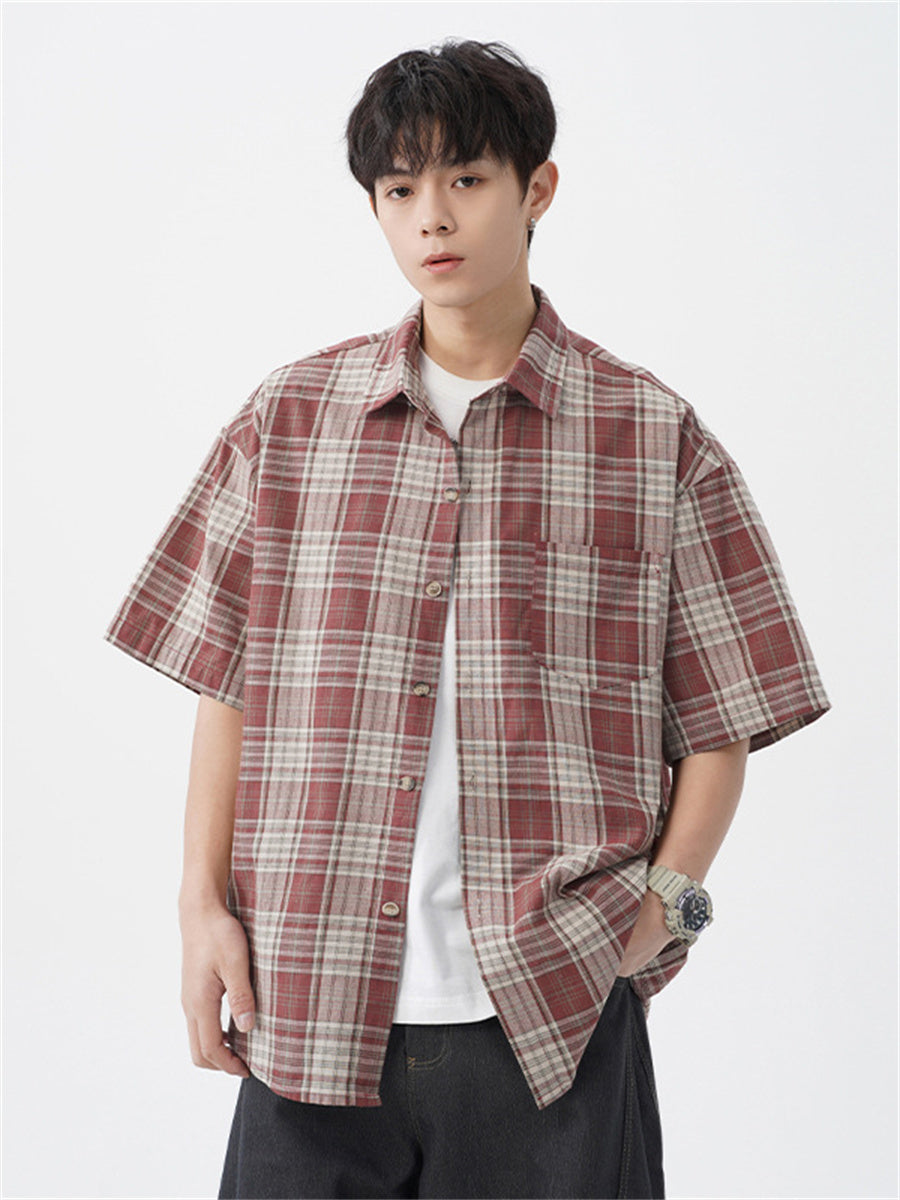 Liber SS Men's American Retro Contrast Plaid Smock Shirt