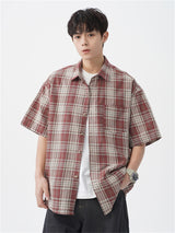 Liber SS Men's American Retro Contrast Plaid Smock Shirt