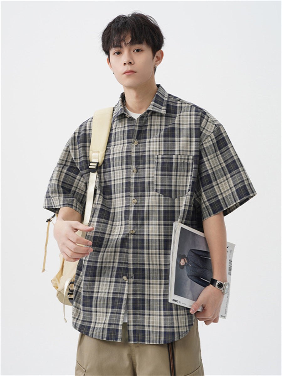 Liber SS Men's American Retro Contrast Plaid Smock Shirt