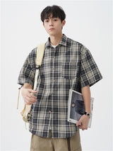 Liber SS Men's American Retro Contrast Plaid Smock Shirt