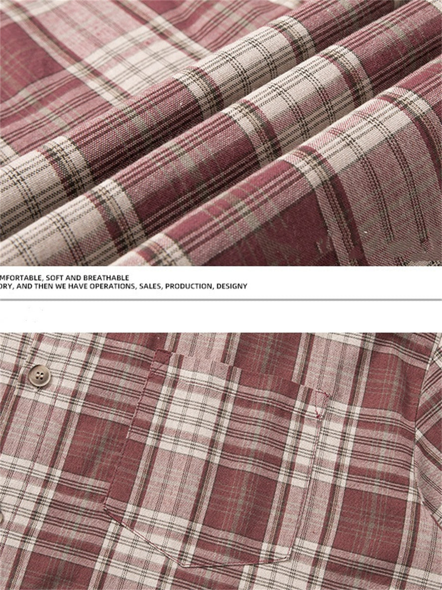 Liber SS Men's American Retro Contrast Plaid Smock Shirt
