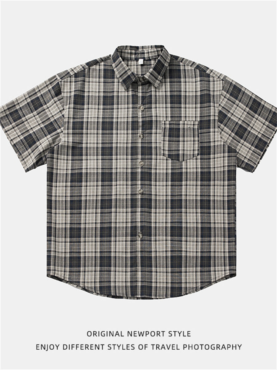 Liber SS Men's American Retro Contrast Plaid Smock Shirt