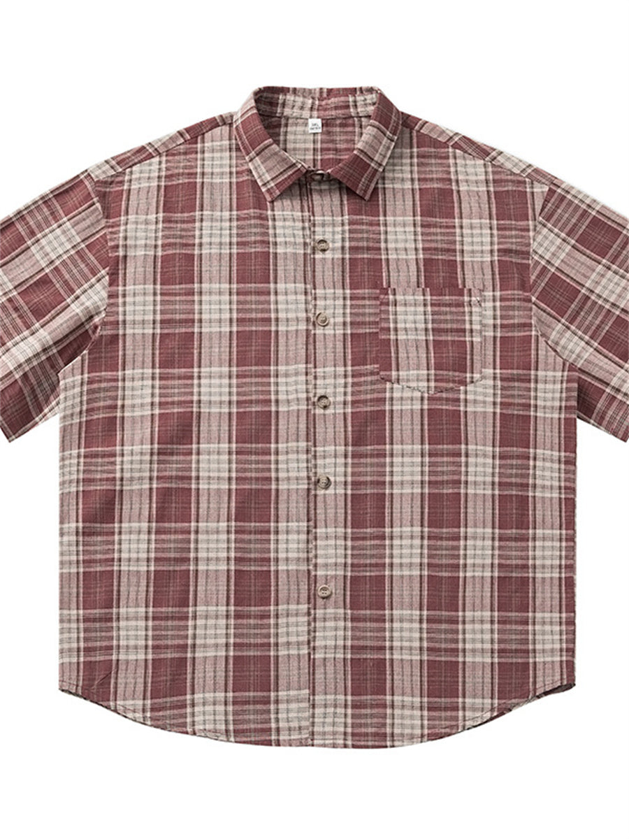 Liber SS Men's American Retro Contrast Plaid Smock Shirt