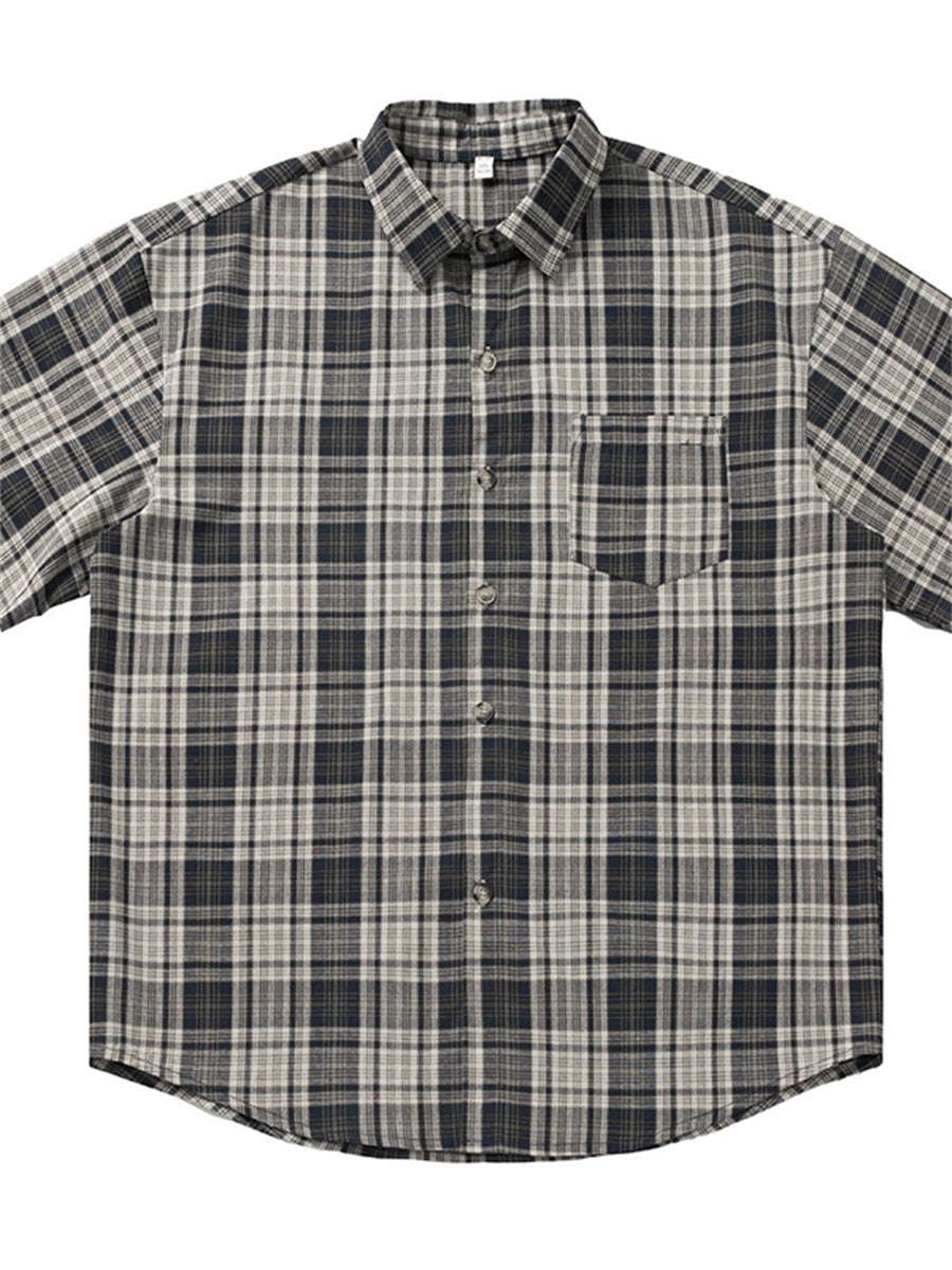 Liber SS Men's American Retro Contrast Plaid Smock Shirt