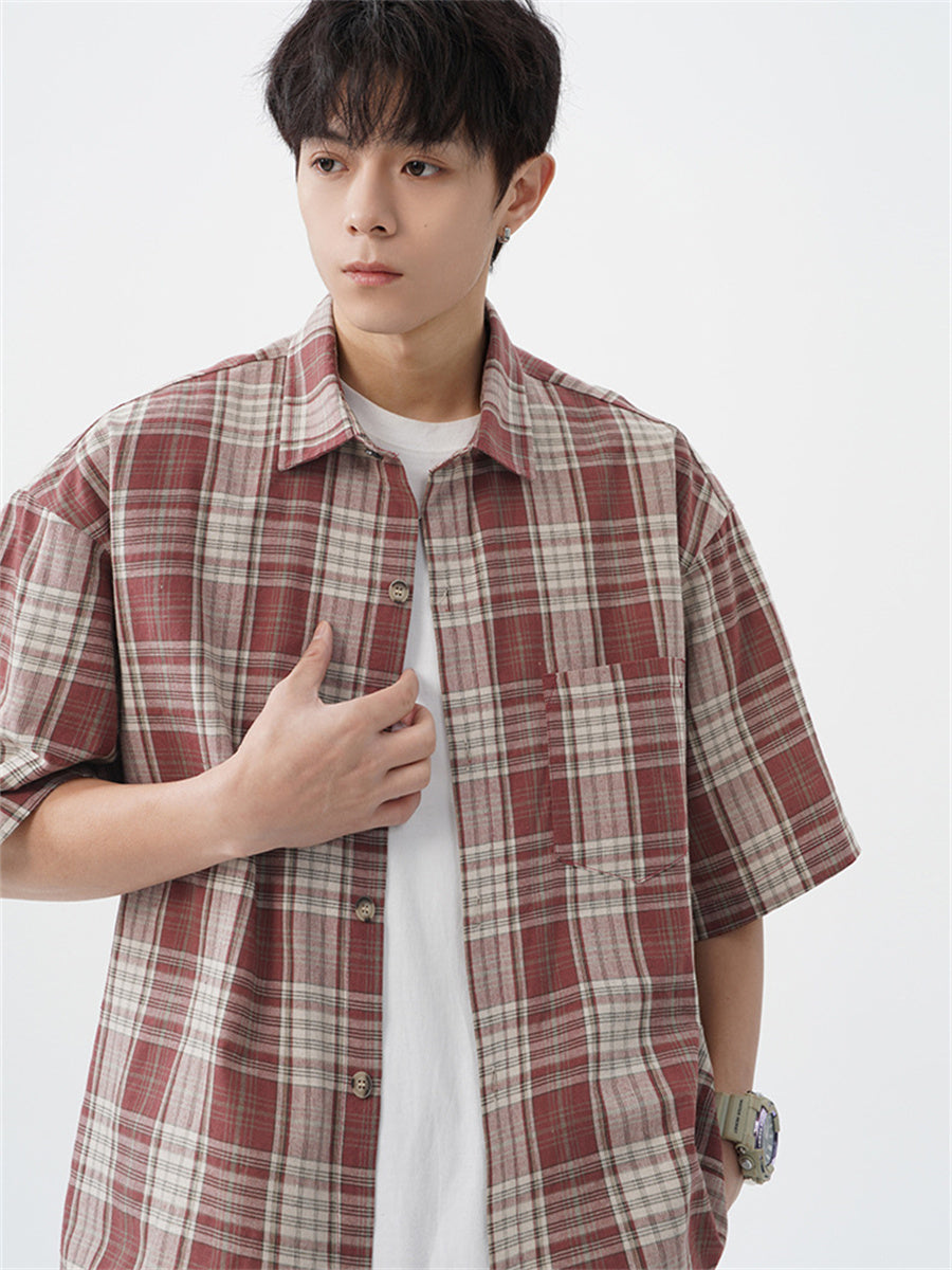 Liber SS Men's American Retro Contrast Plaid Smock Shirt