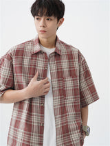 Liber SS Men's American Retro Contrast Plaid Smock Shirt
