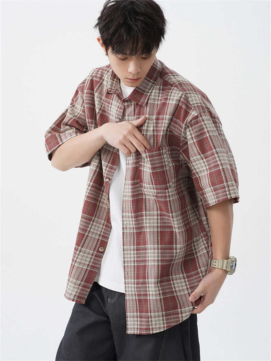 Liber SS Men's American Retro Contrast Plaid Smock Shirt