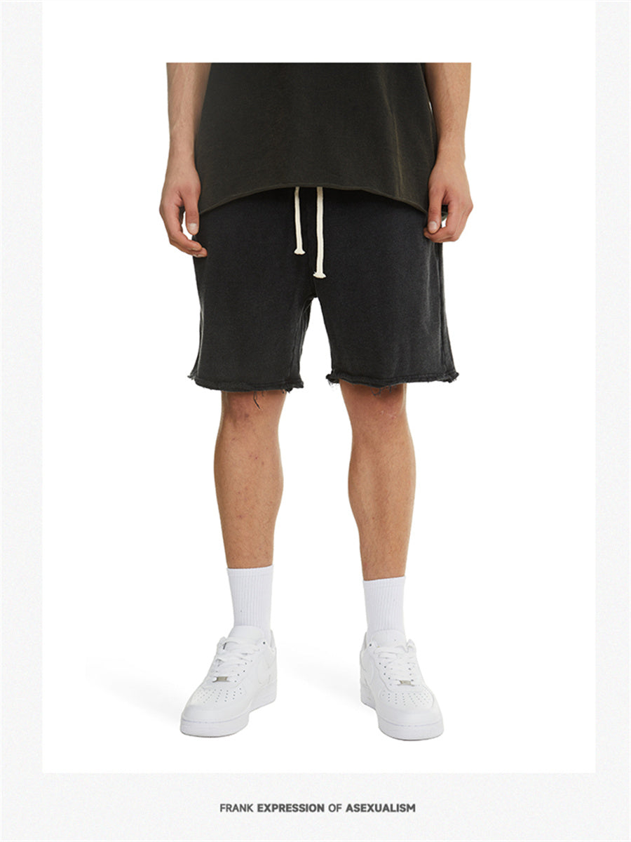 Liber SS men's solid color American retro distressed yeast washed shorts