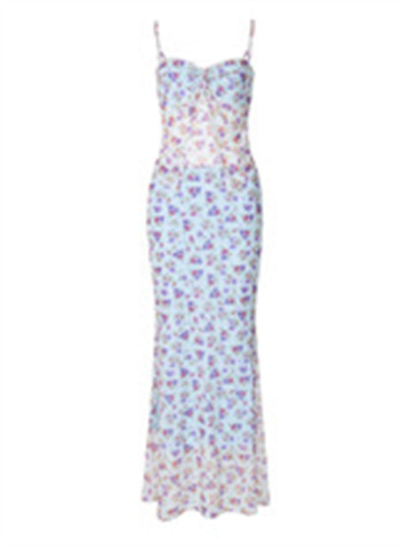 Liber Summer Women's Double-layer Mesh Suspender Midi Dress Floral Set