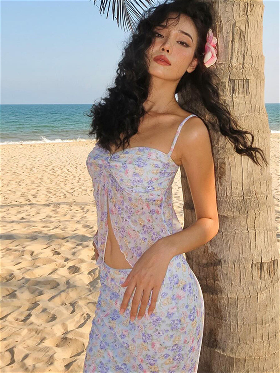 Liber Summer Women's Double-layer Mesh Suspender Midi Dress Floral Set