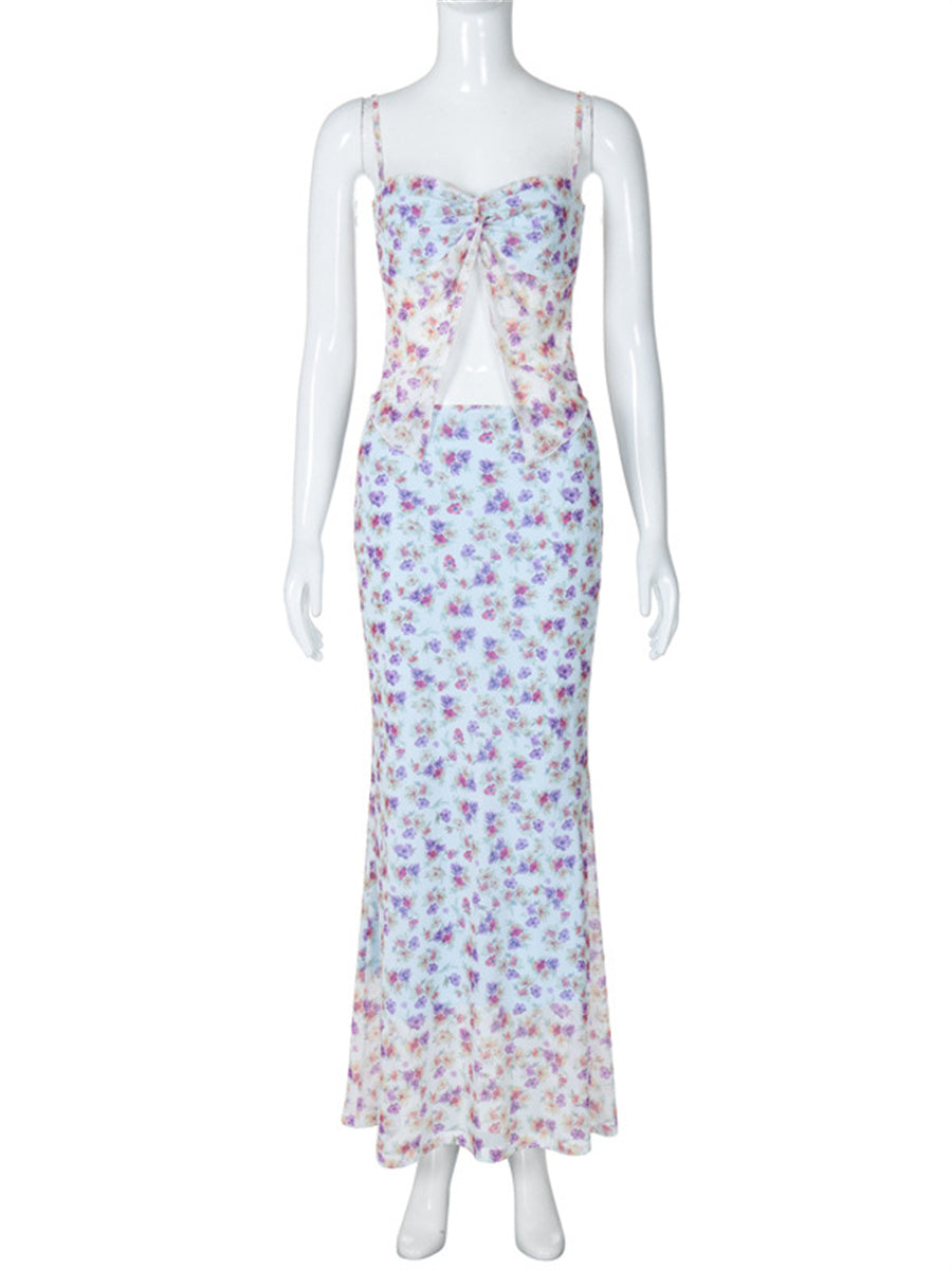 Liber Summer Women's Double-layer Mesh Suspender Midi Dress Floral Set